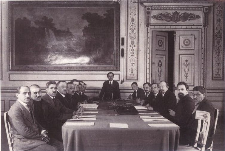 <span class="caption">Signing the Treaty of Moscow, March 1921.</span> <span class="attribution"><a class="link " href="https://commons.wikimedia.org/wiki/File:Treaty_of_Moscow_1921.jpg" rel="nofollow noopener" target="_blank" data-ylk="slk:Wikimedia Commons;elm:context_link;itc:0;sec:content-canvas">Wikimedia Commons</a></span>