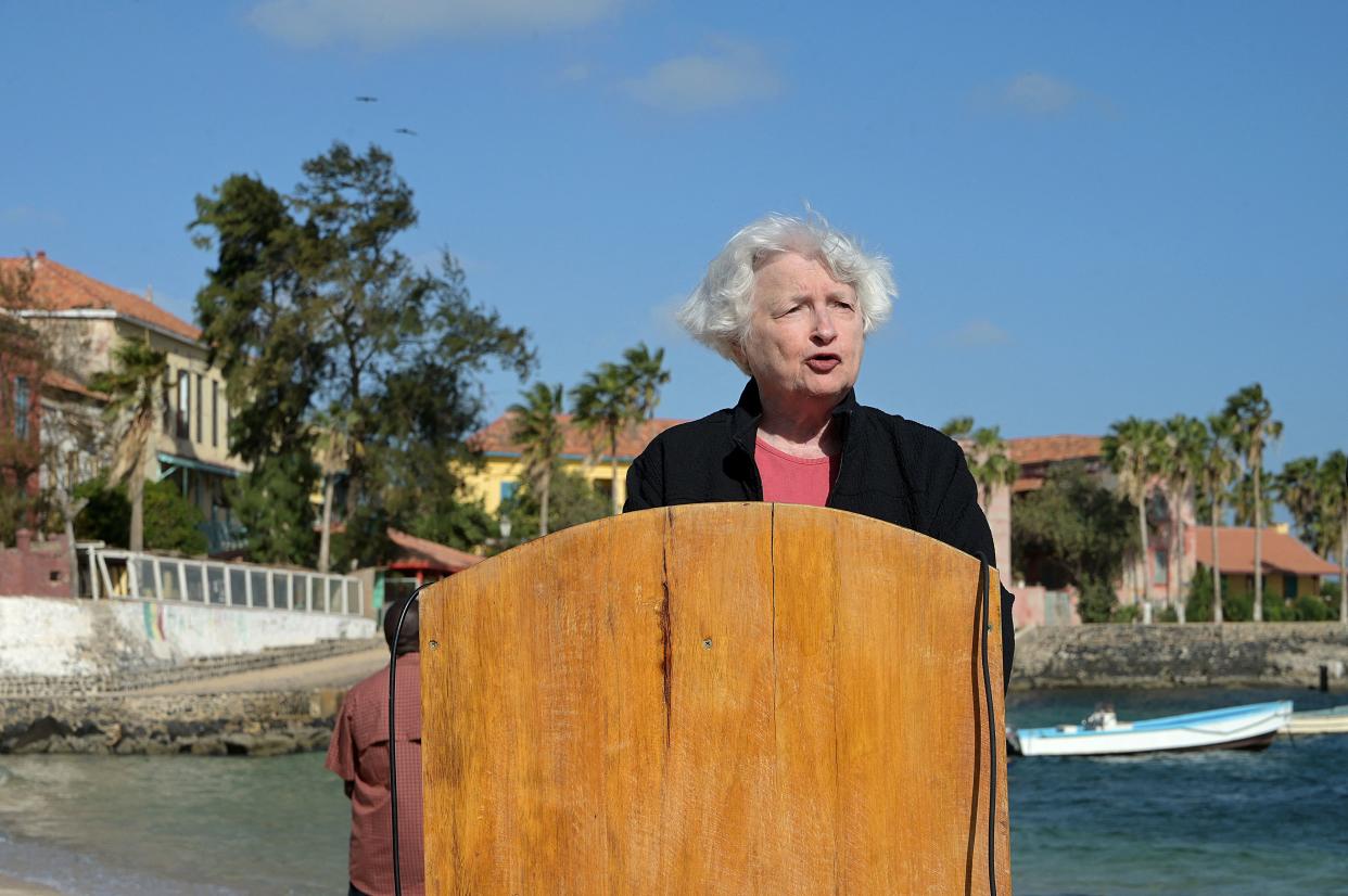 US Treasury Secretary Janet Yellen delivers a speech at the Goree-landing stage during a visit on Goree Island off the coast of the city of Dakar on January 21, 2023. - Yellen on January 20, 2023 touted the fruits of a new mutually beneficial economic strategy towards Africa, contrasting the damage caused by Russia's invasion of Ukraine and China's practices. (Photo by SEYLLOU / AFP) (Photo by SEYLLOU/AFP via Getty Images)