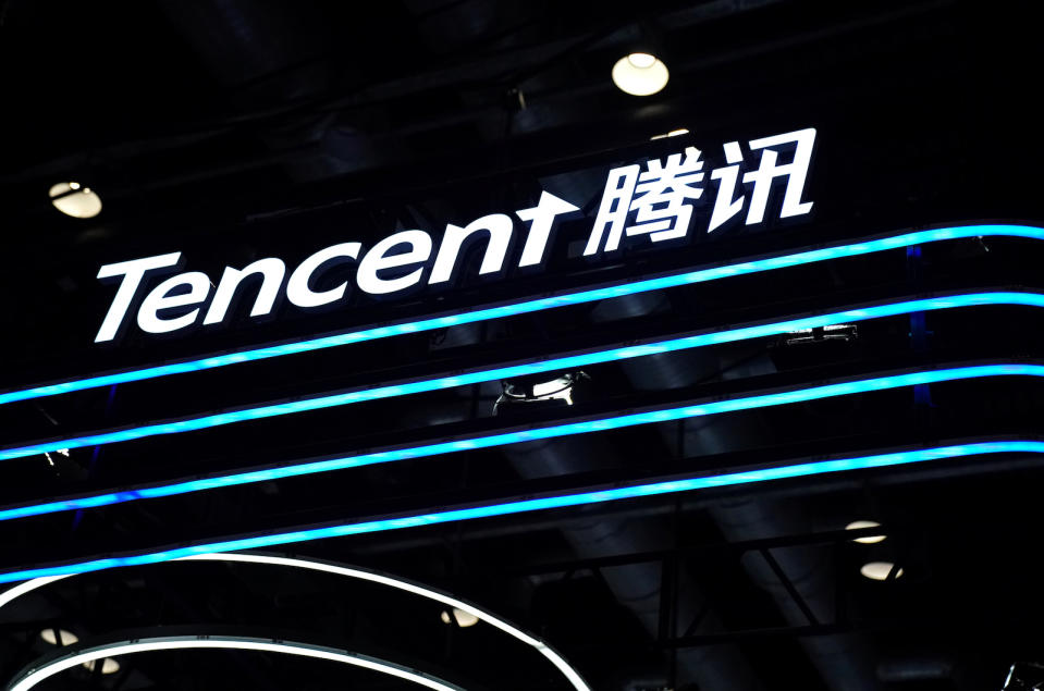 A logo of Tencent is seen at its booth at the 2020 China International Fair for Trade in Services (CIFTIS) in Beijing, China September 4, 2020. REUTERS/Tingshu Wang - RC2JRI9G0LCO