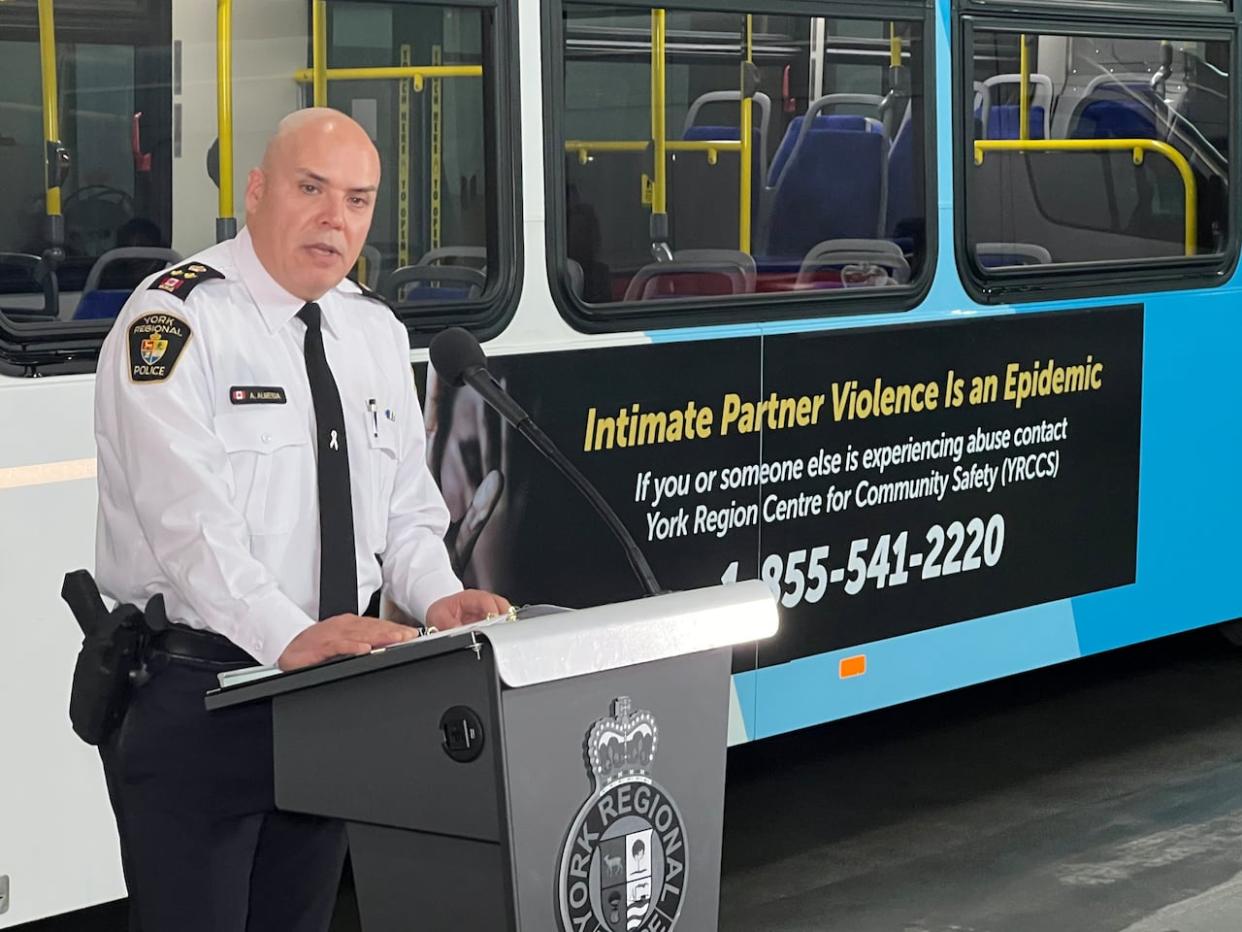 Alvaro Almeida, deputy chief of investigations for York Regional Police, speaks to reporters on Monday about a new campaign to raise awareness of intimate partner violence in York Region. (Robert Krbavac/CBC - image credit)