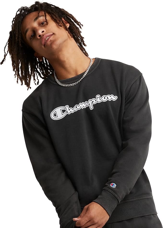 black sweatshirt with white lettering champion