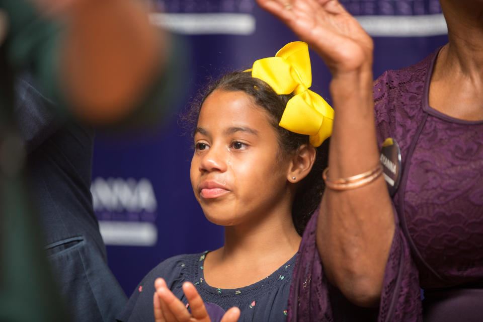 Pressley’s stepdaughter was overcome with emotion on Tuesday. (Photo: Getty Images)