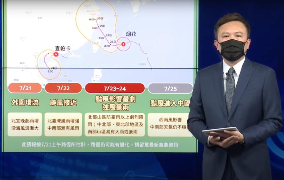 中央氣象局晚間8時30分發布中度颱風烟花海警，並說明天氣動態。（截圖直播畫面）