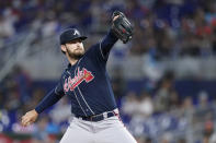 Atlanta Braves' Ian Anderson delivers a pitch during the first inning of the second game of a baseball doubleheader against the Miami Marlins, Saturday, Aug. 13, 2022, in Miami. (AP Photo/Wilfredo Lee)