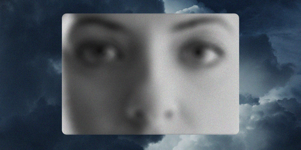 Photo illustration of a woman's wide open eyes against a background of storm clouds. (NBC News; Getty Images)