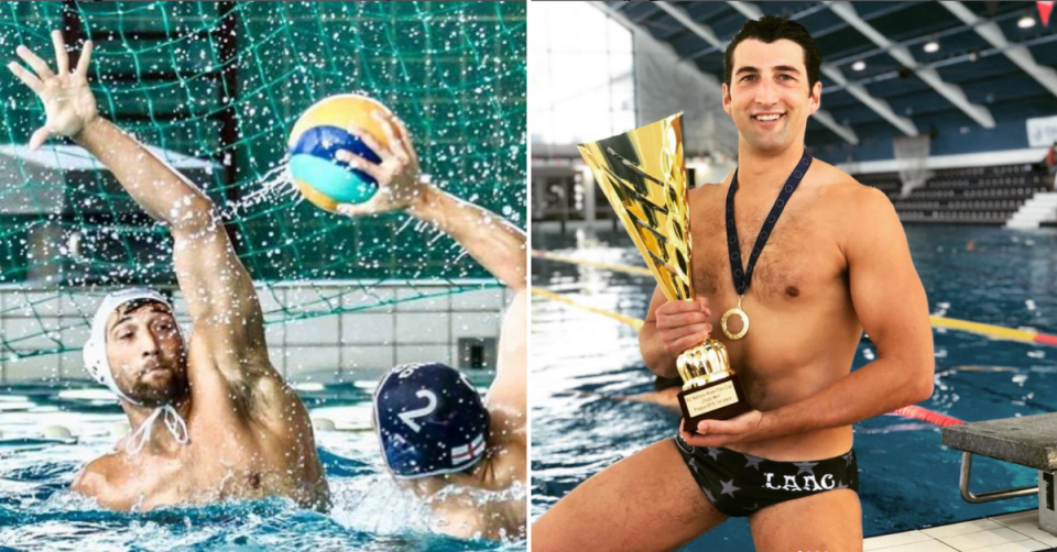 Clayton Snyder playing water polo and posing with a trophy