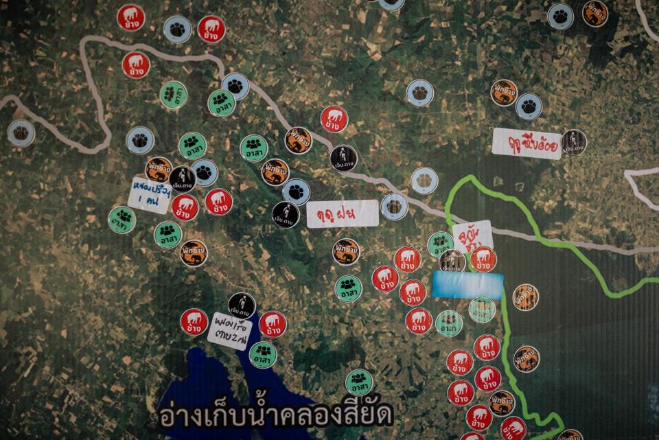 A map showing local elephant activity is displayed at the Eastern Elephants Education Center on February 13, 2024 in Chachoengsao, Thailand. The black stickers mark the area where a person has been killed by an elephant.
