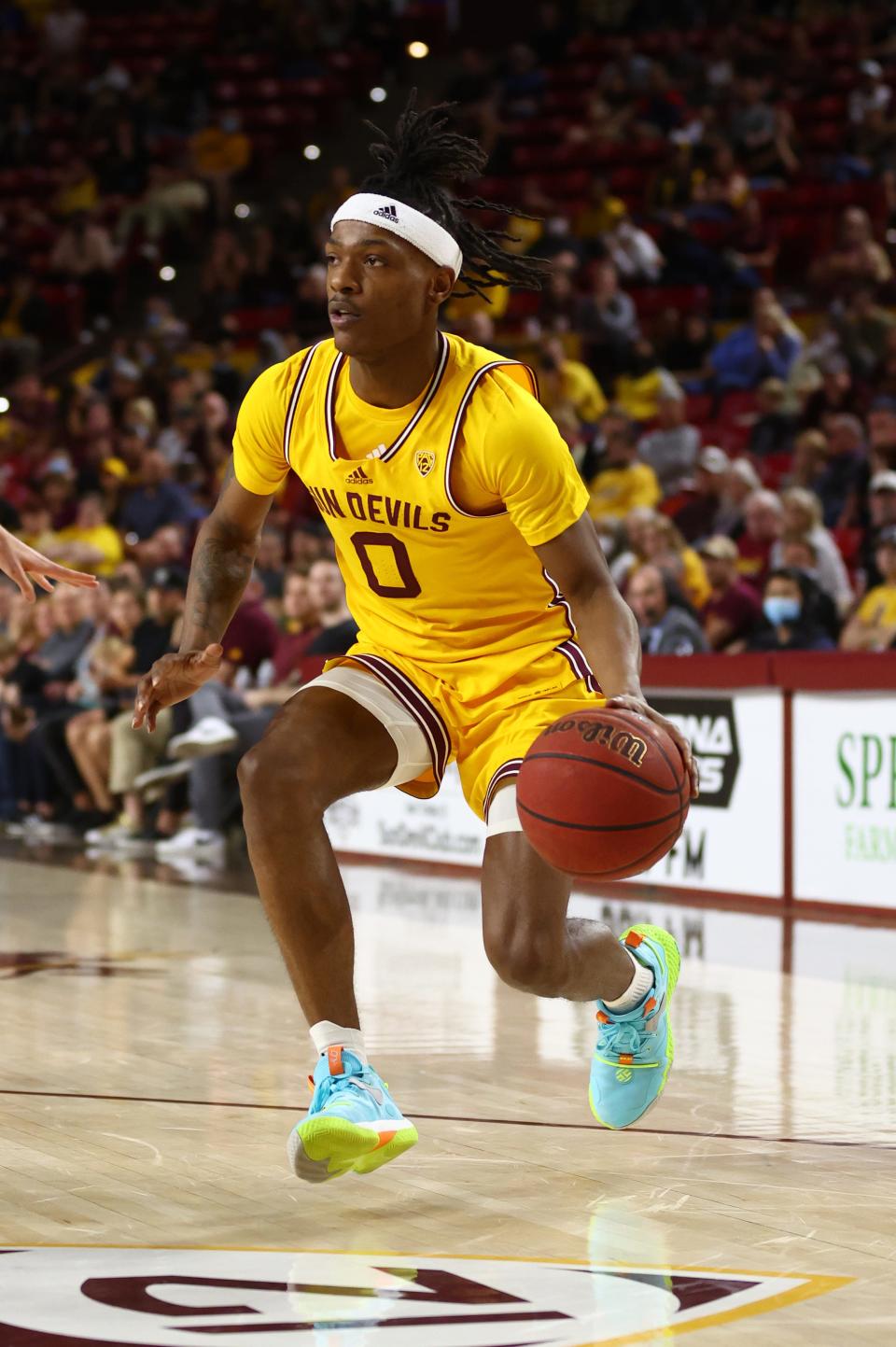 Mar 5, 2022; Tempe, Arizona, USA; Arizona State Sun Devils guard DJ Horne (0) against the Stanford Cardinal at Desert Financial Arena. Mandatory Credit: Mark J. Rebilas-USA TODAY Sports