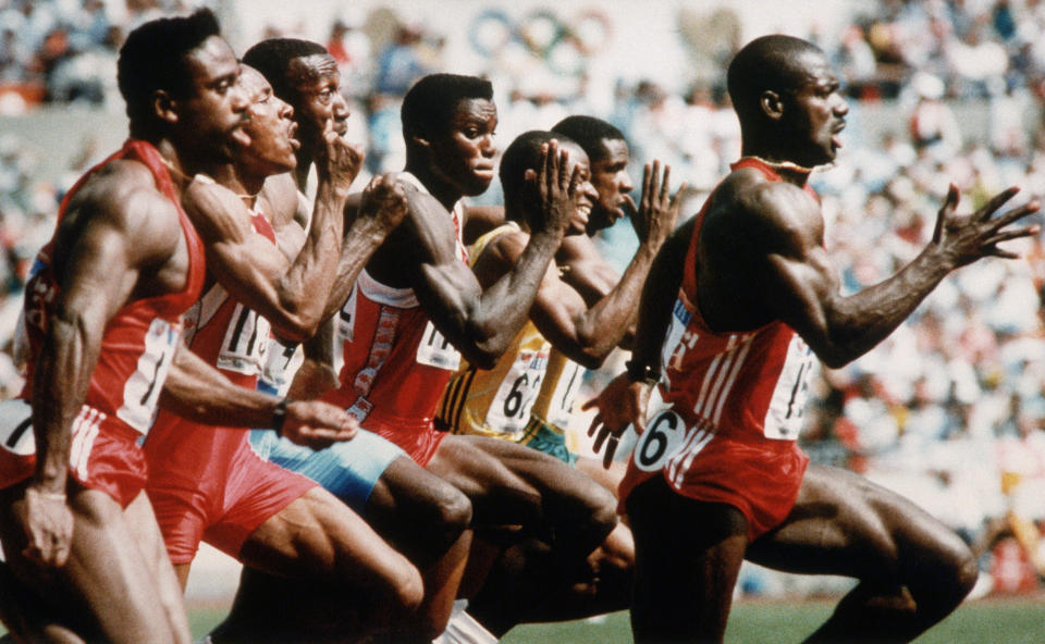 Canadian Ben Johnson breaks from the pack during the 100 meter race of the 1988 Olympic Games in Seoul. Johnson set a world-record and was awarded the gold medal, but was later stripped of his record and medal when it was determined he had used steroids, September 24, 1988.