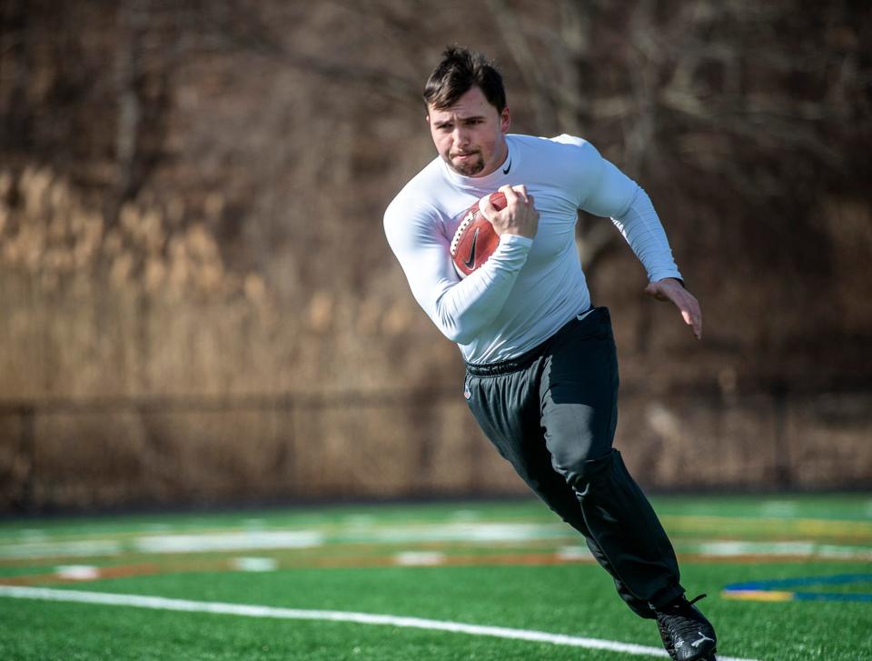 Lincoln-Sudbury alum Otto Zaccardo, who played football at Syracuse University, traveled to Houston this past weekend to try out for the United States Football league (USFL). Zaccardo works out at Myers Field in Sudbury on Feb. 14, 2023.