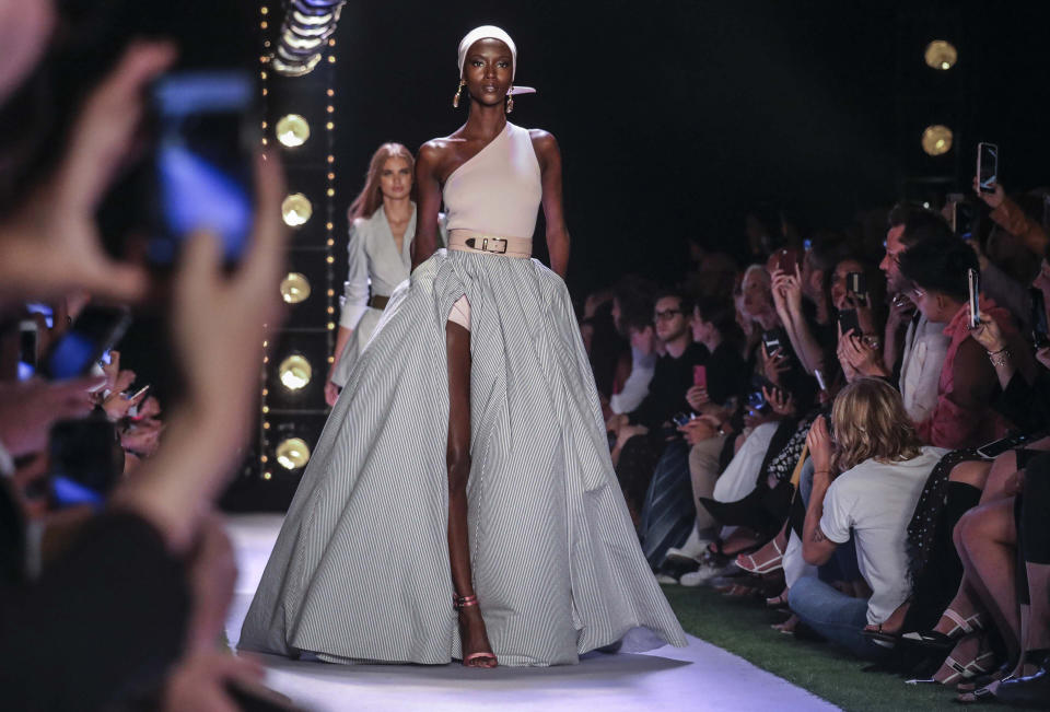 The latest fashion creation from Brandon Maxwell is modeled during New York Fashion Week, Saturday Sept. 7, 2019, in the Brooklyn borough of New York. (AP Photo/Bebeto Matthews)