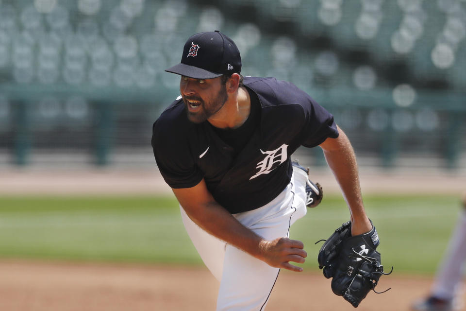 Detroit Tigers pitcher Michael Fulmer throws during an intrasquad baseball game, Wednesday, July 8, 2020, in Detroit. (AP Photo/Carlos Osorio)