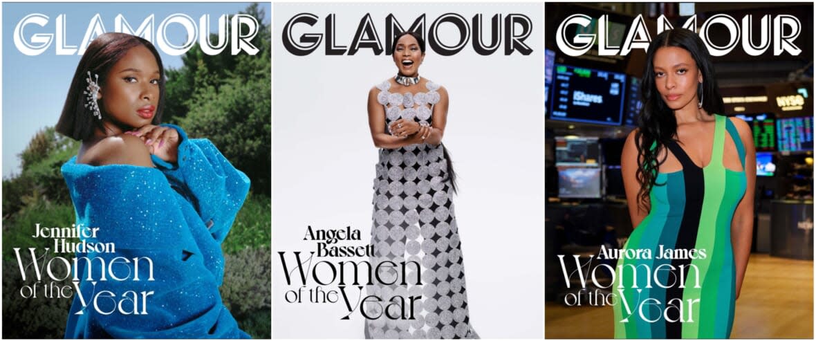 From left: Jennifer Hudson, Angela Bassett, Aurora James <br>Photos: Glamour Magazine