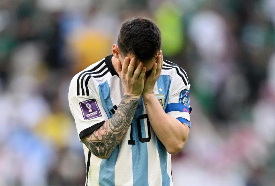 Argentina Lionel Messi shows dejection during the FIFA World Cup Qatar 2022 Group C match v Saudi Arabia at Lusail Stadium (Getty Images)