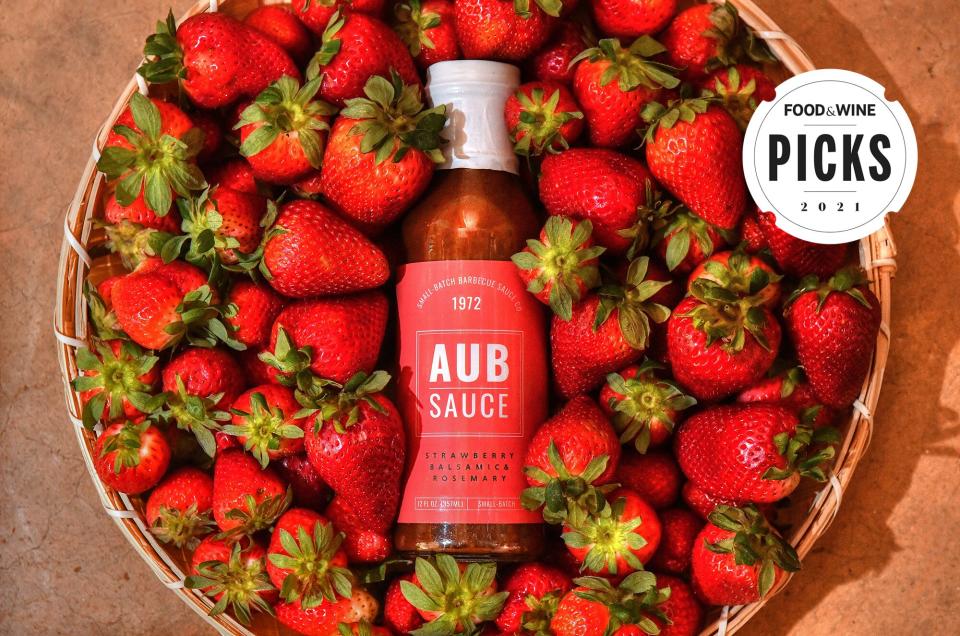 Aub Sauce in basket of strawberries