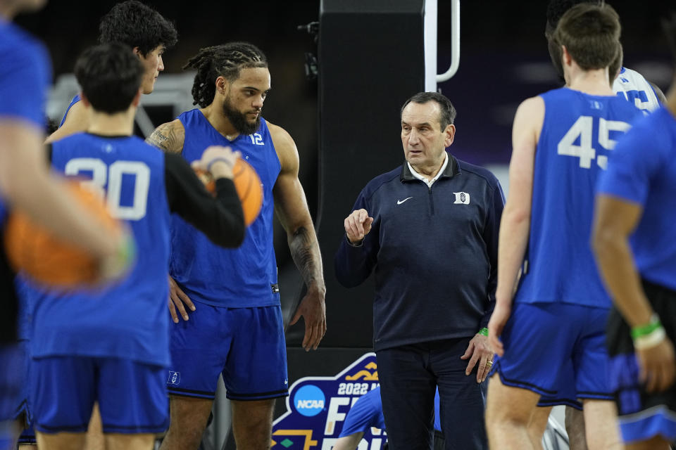 Duke head coach Mike Krzyzewski talks during practice for the men's Final Four NCAA college basketball tournament, Friday, April 1, 2022, in New Orleans. (AP Photo/David J. Phillip)