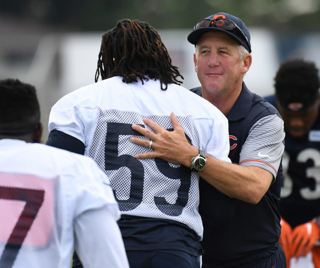 Jul 28, 2016; Bourbonnais, IL, USA; Chicago Bears head coach John Fox talks with Chicago Bears linebacker Danny Trevathan (left) during training camp at Olivet Nazarene University. Mandatory Credit: Patrick Gorski-USA TODAY Sports