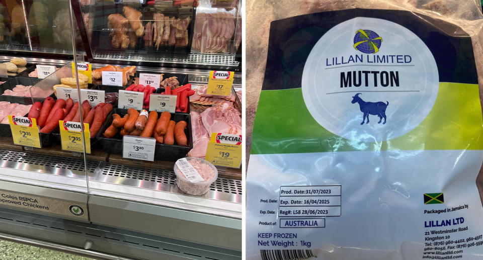 Left - meat at Coles in the deli section. Right - close up of Australian goat meat for sale in Jamaica.