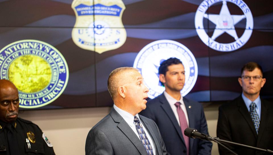 Sgt. Glenn Thompson, a member of the Fort Myers Police Department homicide division addresses the media on Tuesday, June 28, 2022. He gave an update on two young children who were illegally taken by their parents.