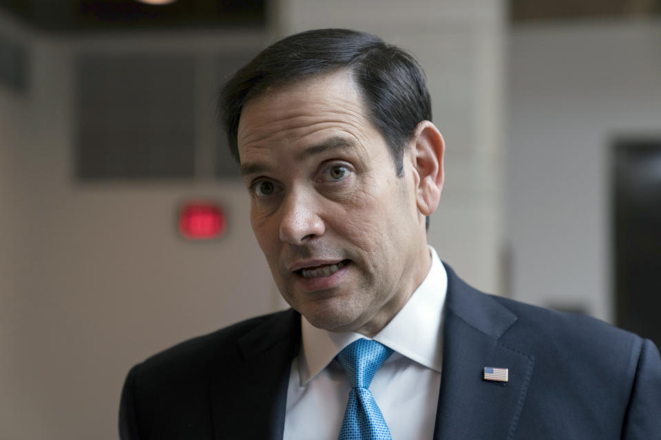 FILE - Senate Intelligence Committee Vice Chairman Marco Rubio, R-Fla., talks to reporters after a closed-door briefing on the Chinese surveillance balloon that flew over the United States recently, at the Capitol in Washington, Feb. 9, 2023. (AP Photo/J. Scott Applewhite, File)