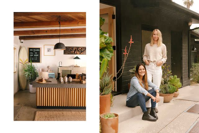 <p>Carmen Chan</p> From left: The coffee bar inside Hotel June’s surfer-chic lobby; Reem Al-Zahawi and Sam Shendow, two of Hotel June Malibu’s co-owners.