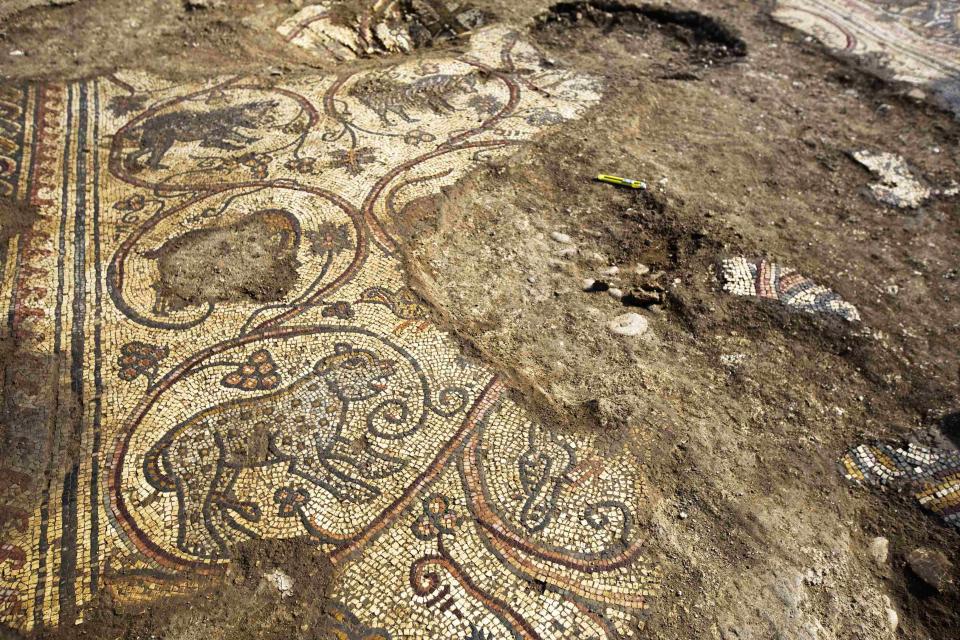 Mosaic floor of an ancient Byzantine church which was uncovered at an excavation site near Kiryat Gat