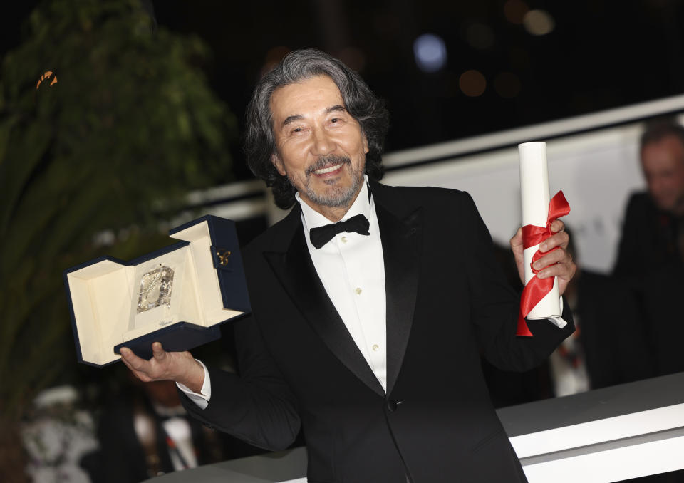 Koji Yakusho, winner of the award for best actor for 'Perfect Days', poses for photographers during a photo call following the awards ceremony at the 76th international film festival, Cannes, southern France, Saturday, May 27, 2023. (Photo by Vianney Le Caer/Invision/AP)
