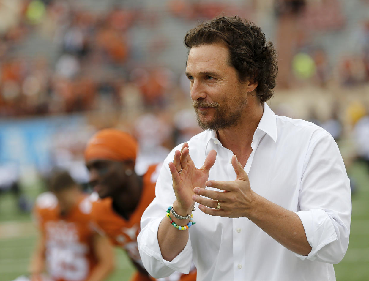 AUSTIN, TX - NOVEMBER 25: Actor Matthew McConaughey encourages the Texas Longhorns before the game against the TCU Horned Frogs at Darrell K Royal -Texas Memorial Stadium on November 25, 2016 in Austin, Texas. (Photo by Chris Covatta/Getty Images)