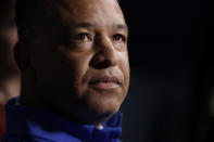 Los Angeles Dodgers manager Dave Roberts listens to a question during the Major League Baseball winter meetings, Tuesday, Dec. 10, 2019, in San Diego. (AP Photo/Gregory Bull)