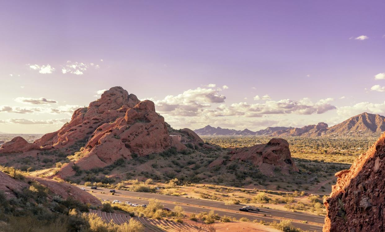 View of Phoenix, Arizona from Papago Park North towards Camelback Mountain.