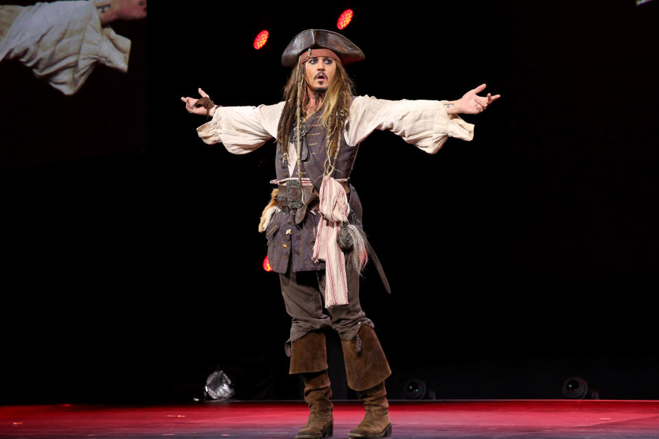 ANAHEIM, CA - AUGUST 15:  Actor Johnny Depp,  dressed as Captain Jack Sparrow, of PIRATES OF THE CARIBBEAN: DEAD MEN TELL NO TALES took part today in 