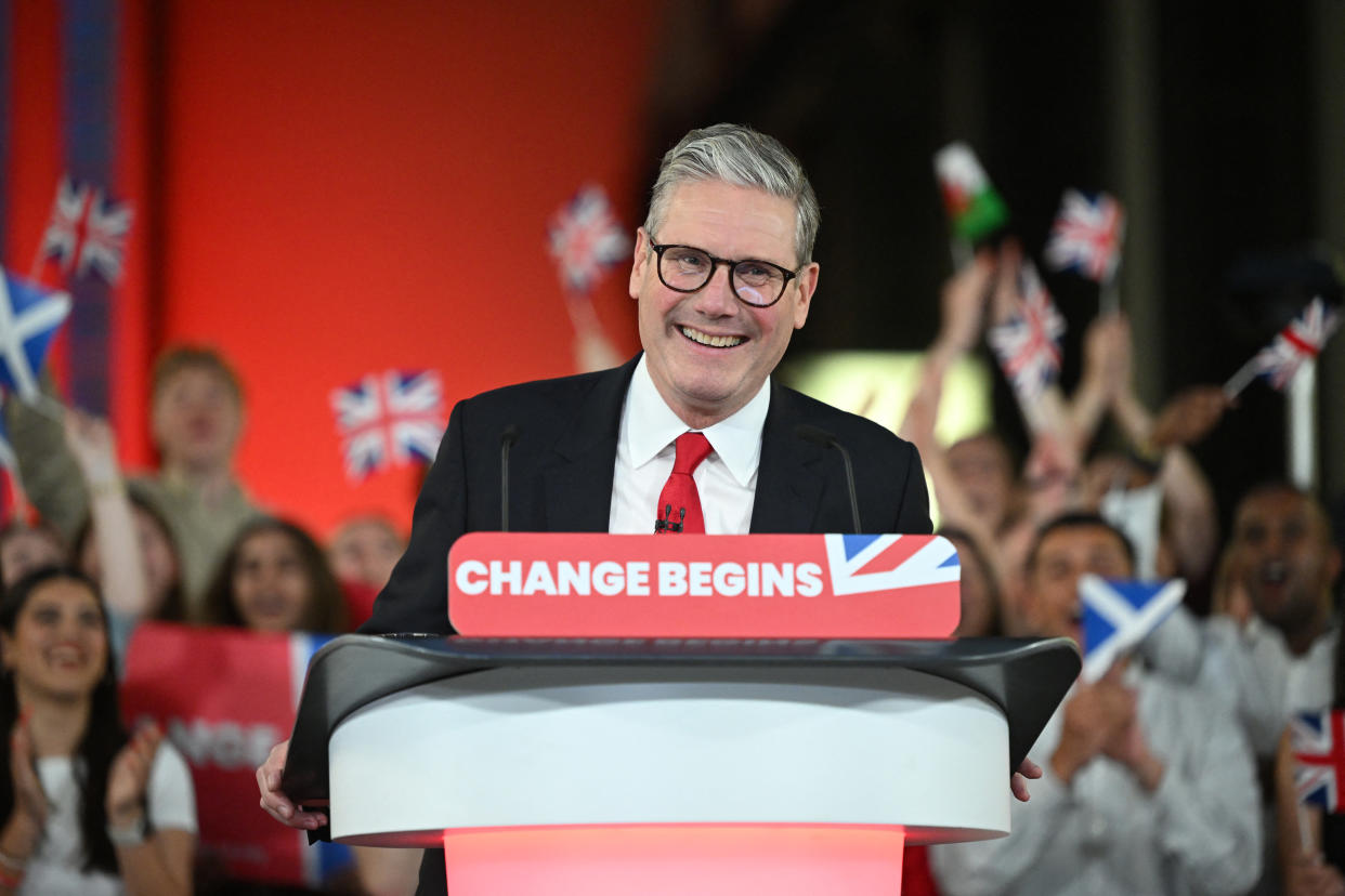 Britain's Labour Party leader Keir Starmer delivers a speech during a victory rally at the Tate Modern in London early on July 5, 2024. The UK's Labour Party swept to power after winning the country's general election, crossing the 326-seat threshold for a working majority in the House of Commons. (Photo by JUSTIN TALLIS / AFP) (Photo by JUSTIN TALLIS/AFP via Getty Images)