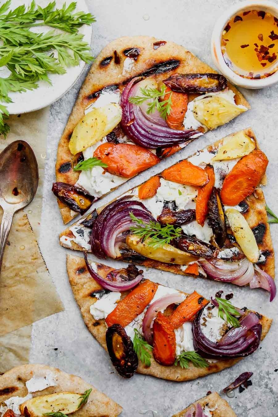 Root Vegetable and Goat Cheese Mini Pizzas with Chile Honey