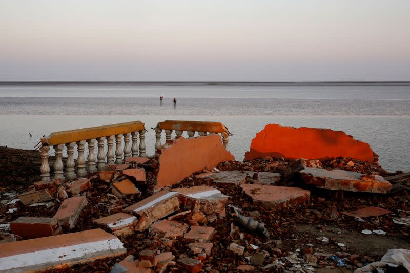 The ruins of a monastery are seen after a riverbank collapsed in Ta Dar U village, Bago, Myanmar