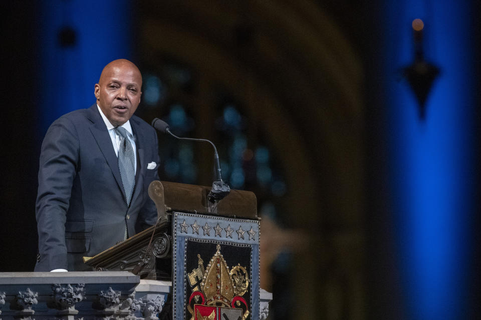 Erroll McDonald speaks during the Celebration of the Life of Toni Morrison, Thursday, Nov. 21, 2019, at the Cathedral of St. John the Divine in New York. Morrison, a Nobel laureate, died in August at 88. (AP Photo/Mary Altaffer)