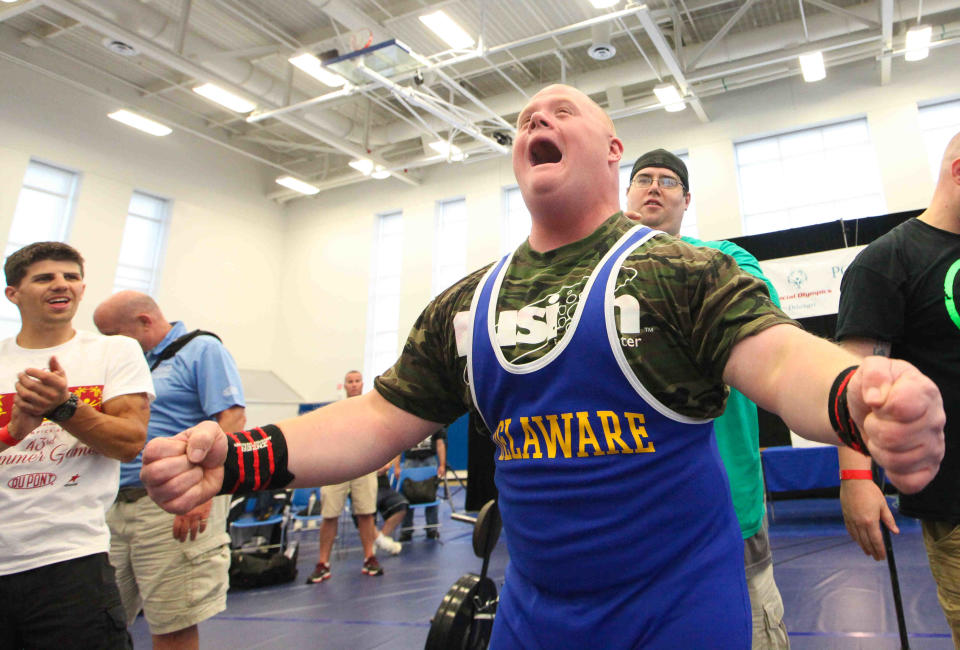 Jonathan Stoklosa celebrates after making a successful lift of 430 pounds in the Special Olympics Delaware 43rd Summer Games at the University of Delaware Sports Complex on Saturday, June 8, 2013.
