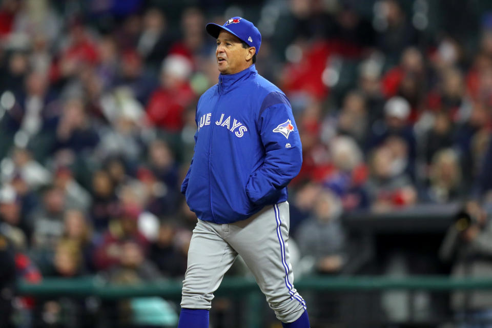 CLEVELAND, OH - APRIL 05: Toronto Blue Jays manager Charlie Montoyo (25) makes his way to the mound to make a pitching change during the sixth inning of the Major League Baseball game between the Toronto Blue Jays and Cleveland Indians on April 5, 2019, at Progressive Field in Cleveland, OH. (Photo by Frank Jansky/Icon Sportswire via Getty Images)