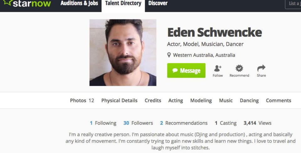 Modelling and acting can be added to Eden's lists of interests and talents, as his StarNow account reveals. Source:StarNow