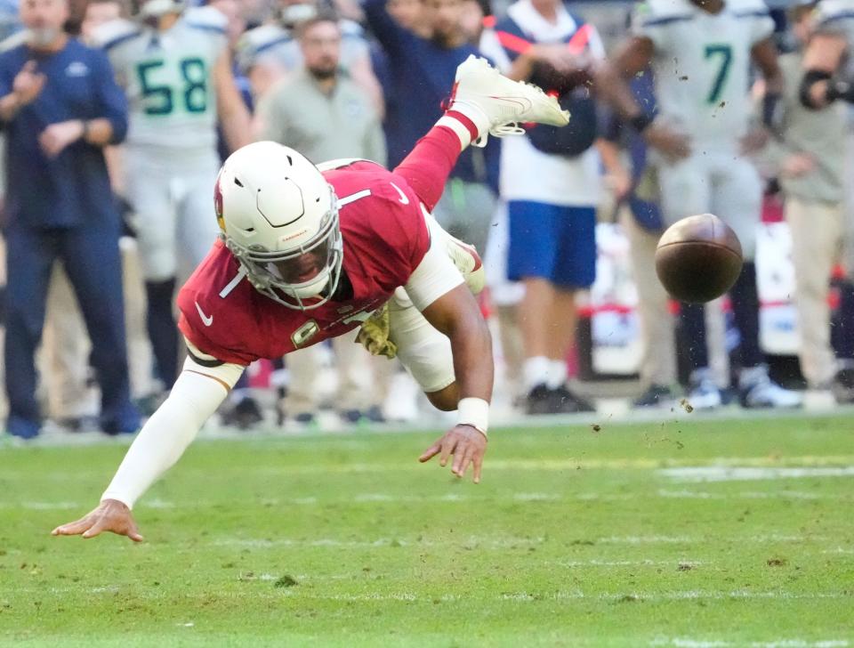 Nov 6, 2022; Phoenix, Ariz., United States;  Arizona Cardinals quarterback Kyler Murray (1) fumbles the ball against the Seattle Seahawks during the second quarter at State Farm Stadium. Mandatory Credit: Michael Chow-Arizona Republic