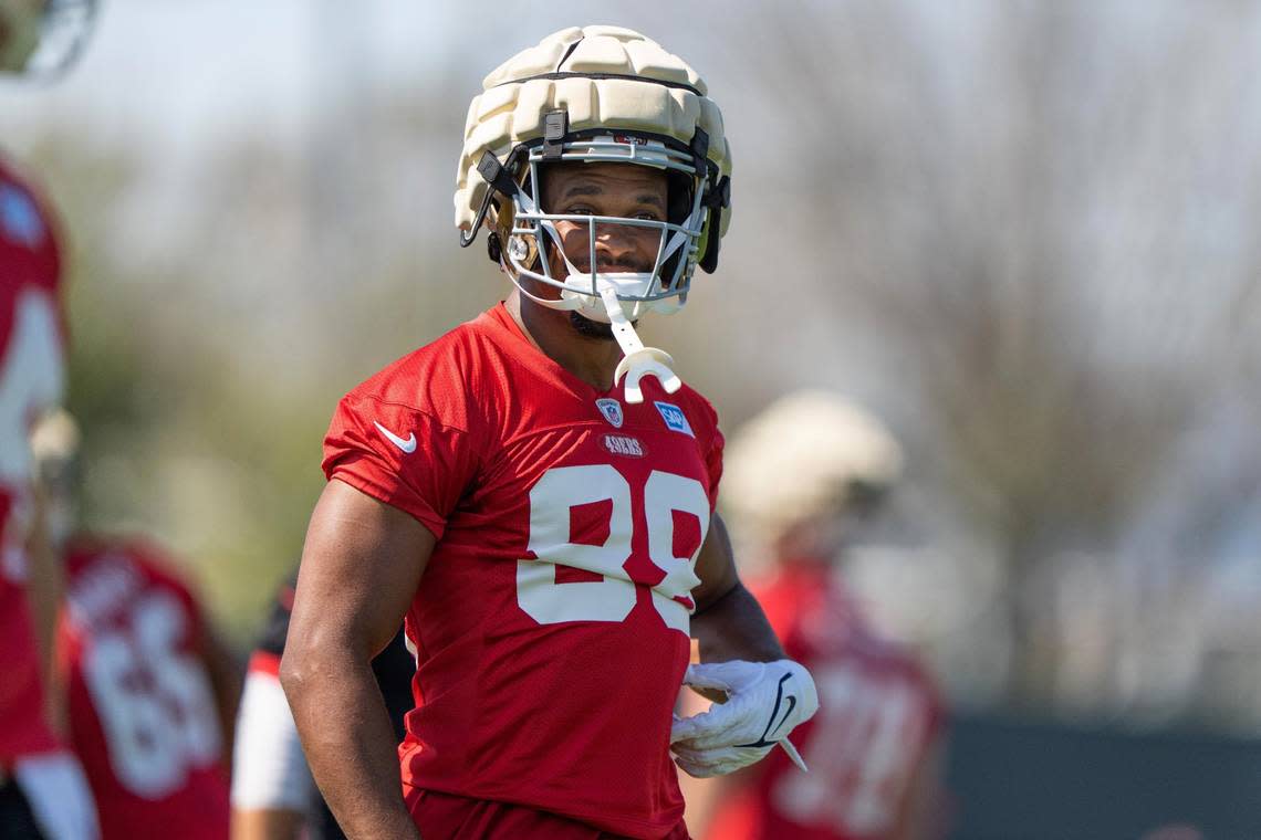 Jul 28, 2022; Santa Clara, CA, USA; San Francisco 49ers tight end Jordan Matthews (88) during training camp at the SAP Performance Facility near Levi Stadium. Mandatory Credit: Stan Szeto-USA TODAY Sports