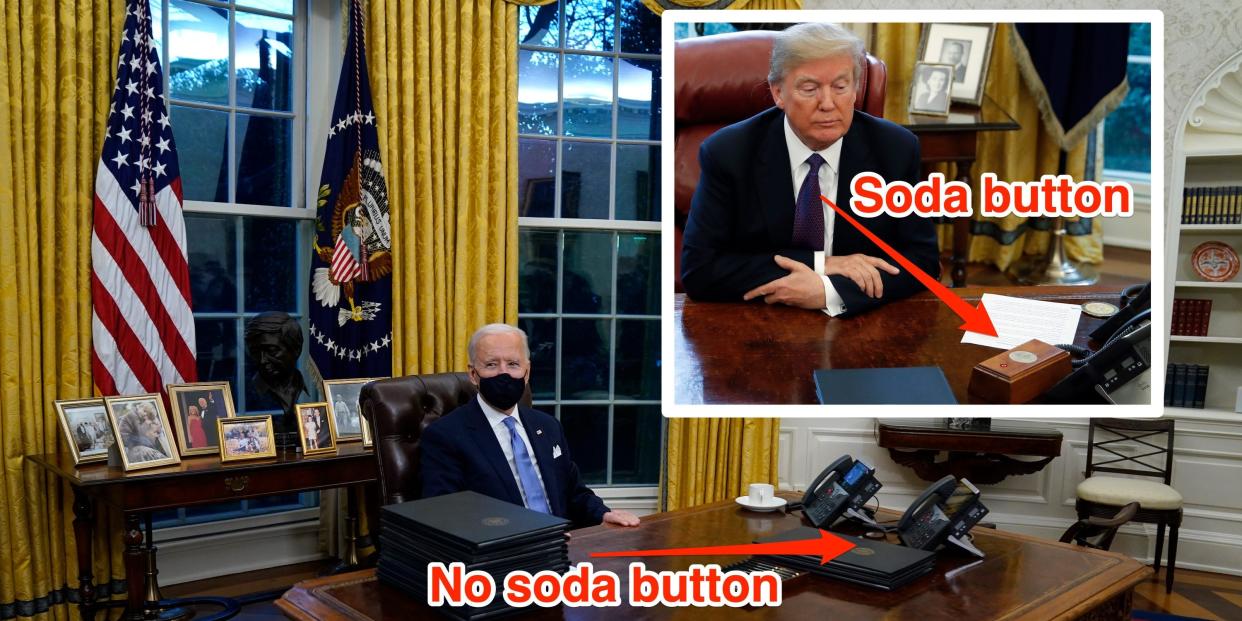 Biden in the Oval Office, left, and Trump in the Oval Office, right.
