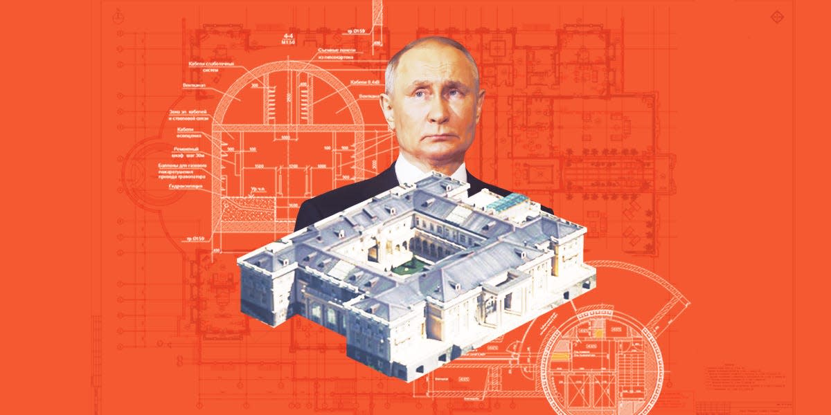 Collage of Vladimir Putin, and his black sea palace surrounded by floor plans/diagrams of a doomsday bunker