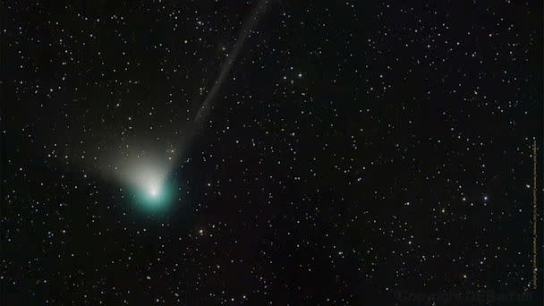 PHOTO: This handout picture obtained from the NASA website shows the Comet C/2022 E3 (ZTF) that was discovered by astronomers using the wide-field survey camera at the Zwicky Transient Facility. (Dan Bartlett/NASA/AFP via Getty Images)