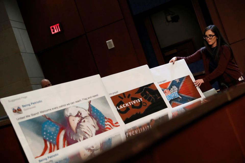 Facebook pages created by Russian trolls at the Internet Research Agency are displayed during a congressional oversight hearing, Nov. 1, 2017. (Photo: Aaron P. Bernstein / Reuters)