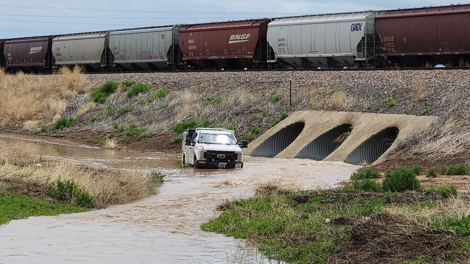 Stranded truck in flooded area off US Highway 60 in Hereford.