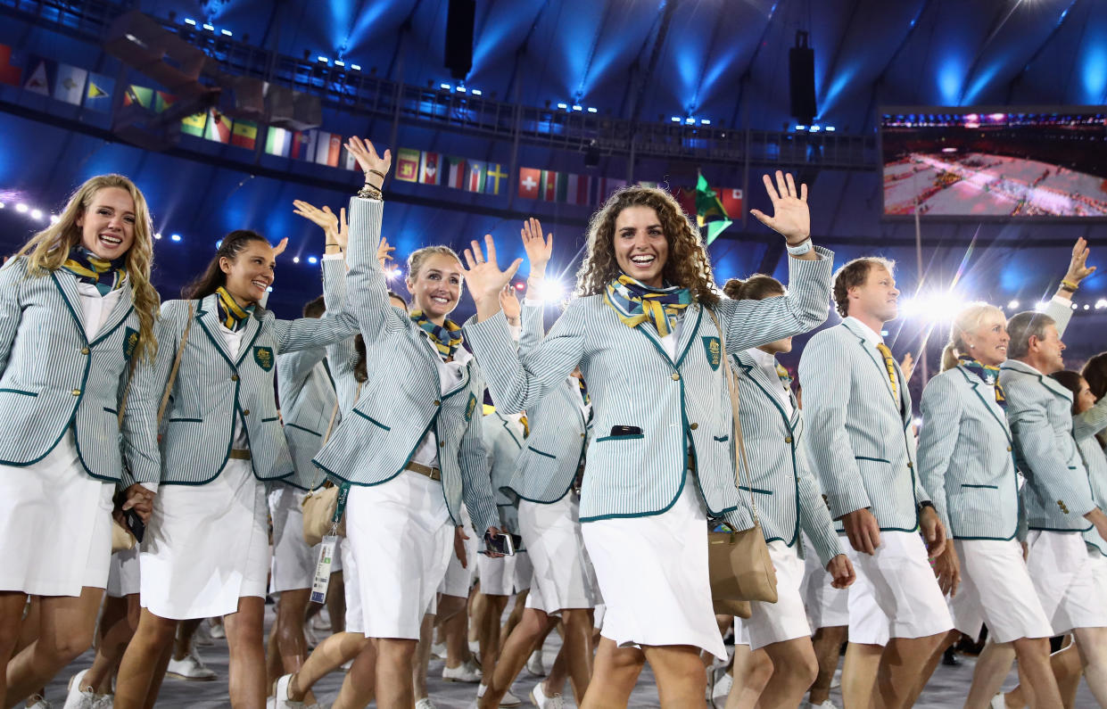 RIO DE JANEIRO, BRAZIL - AUGUST 05: Jessica Fox (C) and other members of the Australia team take part in the Opening Ceremony of the Rio 2016 Olympic Games at Maracana Stadium on August 5, 2016 in Rio de Janeiro, Brazil.  (Photo by Cameron Spencer/Getty Images)