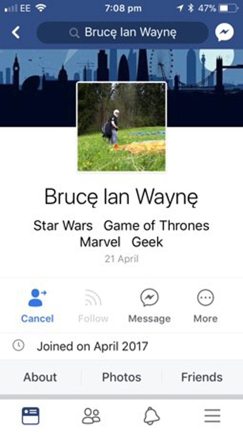 A screengrab of a fake profile used by Naude named after Batman’s alter-ego Bruce Wayne (PA)