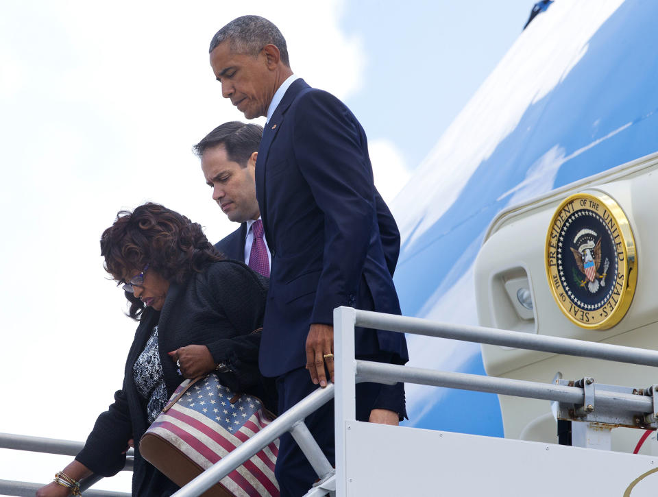 <p>President Obama, Rep. Corrine Brown, D-Fla., and Sen. Marco Rubio, R-Fla., leave Air Force One upon their arrival at Orlando International Airport, June 16, 2016. (AP/Pablo Martinez Monsivais) </p>