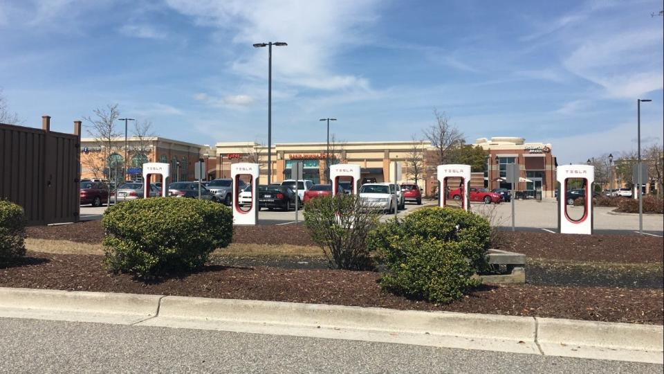 There are 10 Tesla Superchargers at Mayfaire Town Center in Wilmington. The station, the first in the Port City, was built in 2017.