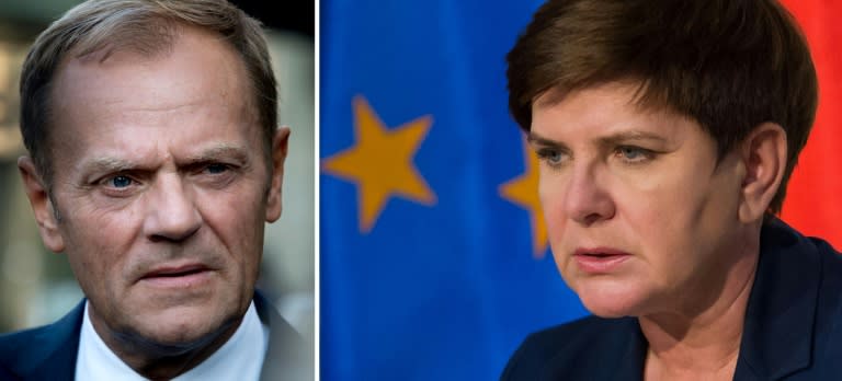 Only Poland's Prime Minister Beata Szydlo, right, voted against Tusk's re-election